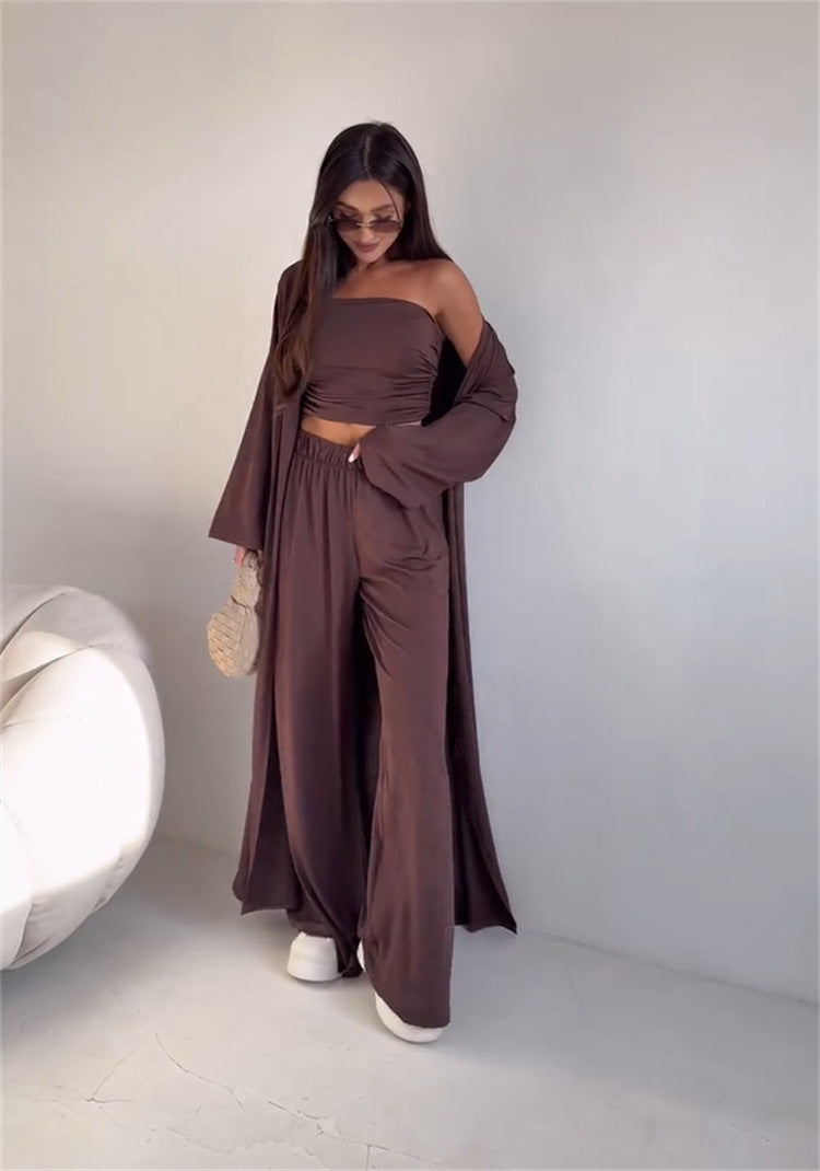 Three-Piece Wide-Leg Trouser Co-Ord Set in Dark Brown, Black & White - dark brown walking view