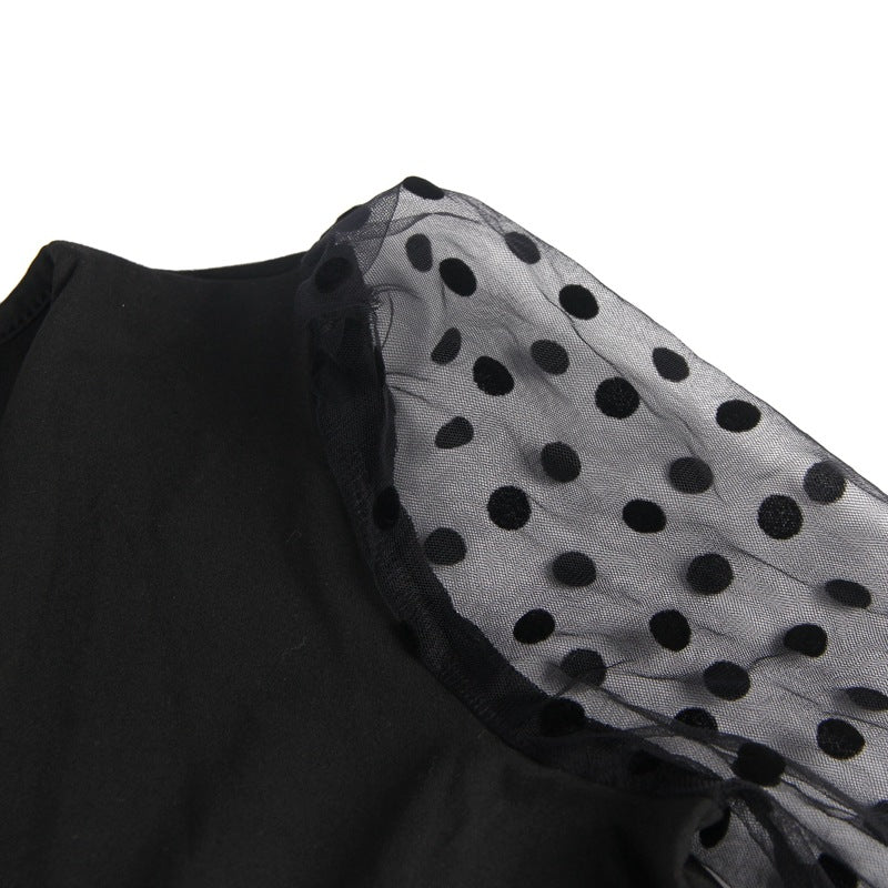 Bodysuit in Black with Polka Dot Mesh Sleeves - black polka dot mesh sleeve detail