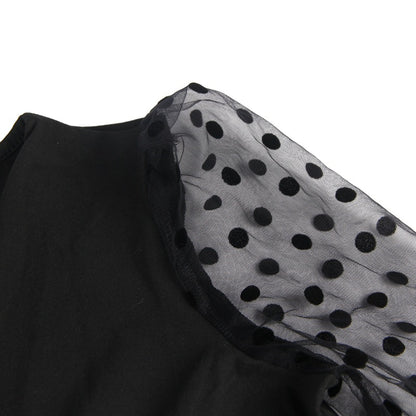 Bodysuit in Black with Polka Dot Mesh Sleeves - black polka dot mesh sleeve detail