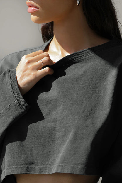 Crop Sweatshirt with Balloon Sleeves in Washed Neutrals - dark grey close-up of neckline and washed finish