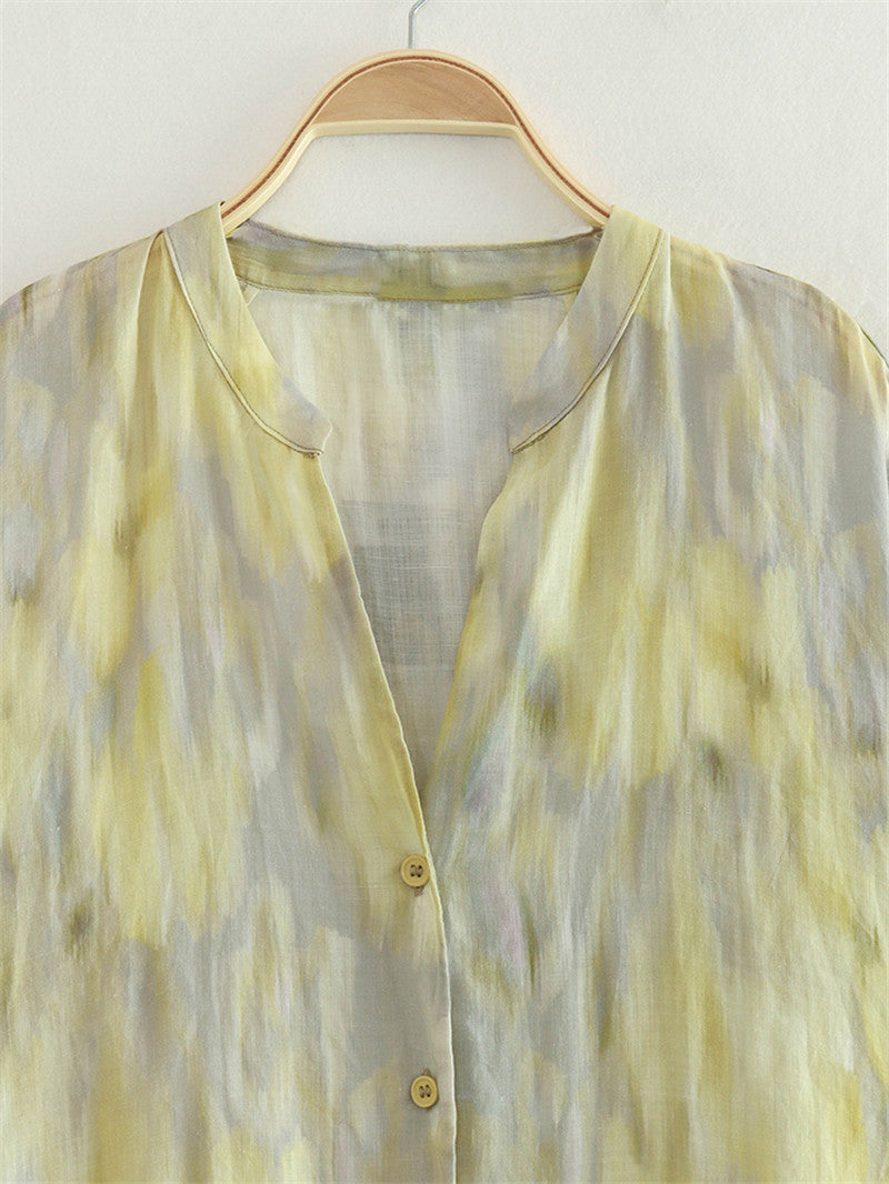 Shirt and Wide-Leg Trousers Set in Sage Tie-Dye Linen Blend - sage tie-dye neckline and print close-up