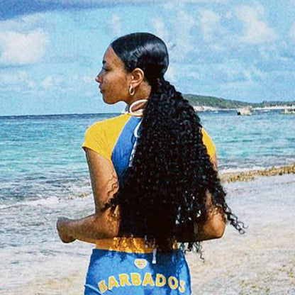 Graphic Crop Top in Y2K Contrast-Trim Styles - blue Barbados back view