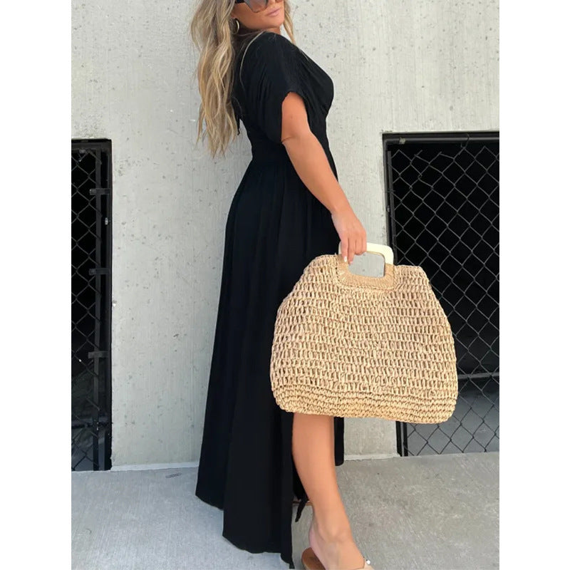 Maxi Dress with Batwing Sleeves, V-Neck and Side Slit - black side view