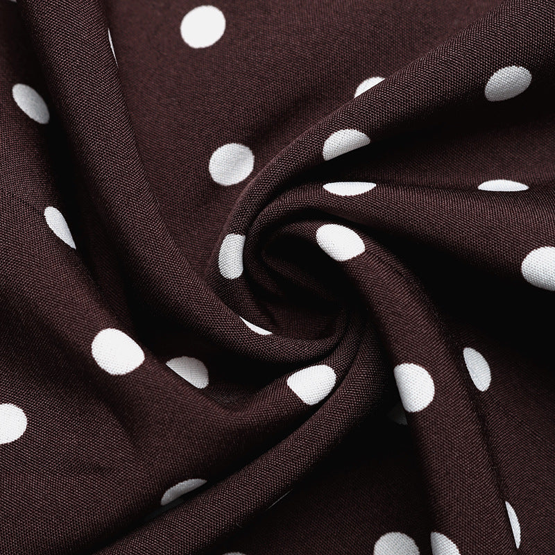 Maxi Dress with Polka Dot Halterneck Tie-Back - Coffee Brown fabric drape detail