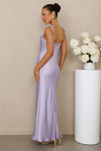 Maxi Dress in Satin with Tie-Shoulder Straps - Light purple back view