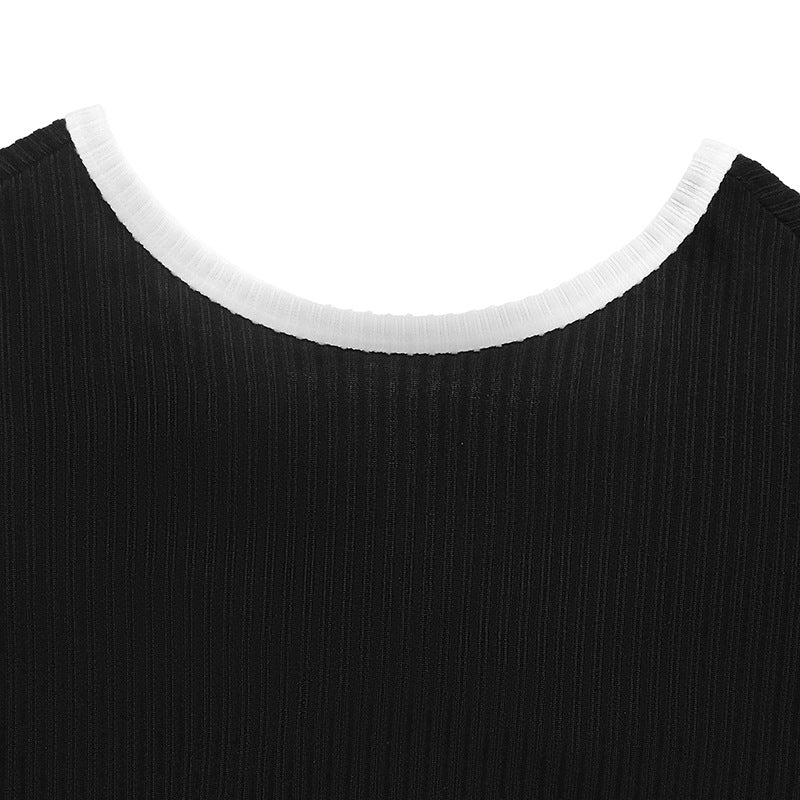 Ribbed Top in Black with Bow-Back Detail - black contrast neckline close-up