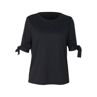T-Shirt in Black with Pearl-Trim Cold-Shoulder Sleeves - black flat lay front
