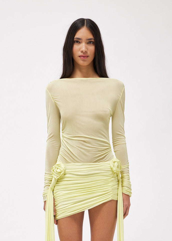Top with Boat Neck and Draped Front in Lemon, Blue and Taupe - lemon full front view