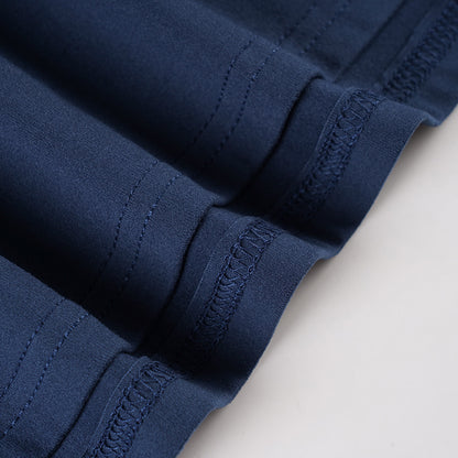 Long Sleeve Babydoll Top in Navy with Lace-Trim V-Neck - navy fabric close-up