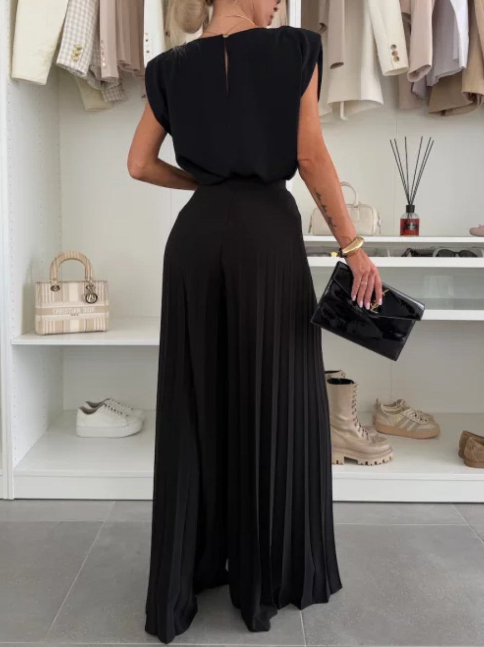 Pleated Wide-Leg Trouser & Sleeveless Top Co-ord Set — black, side angle showing wide-leg silhouette
