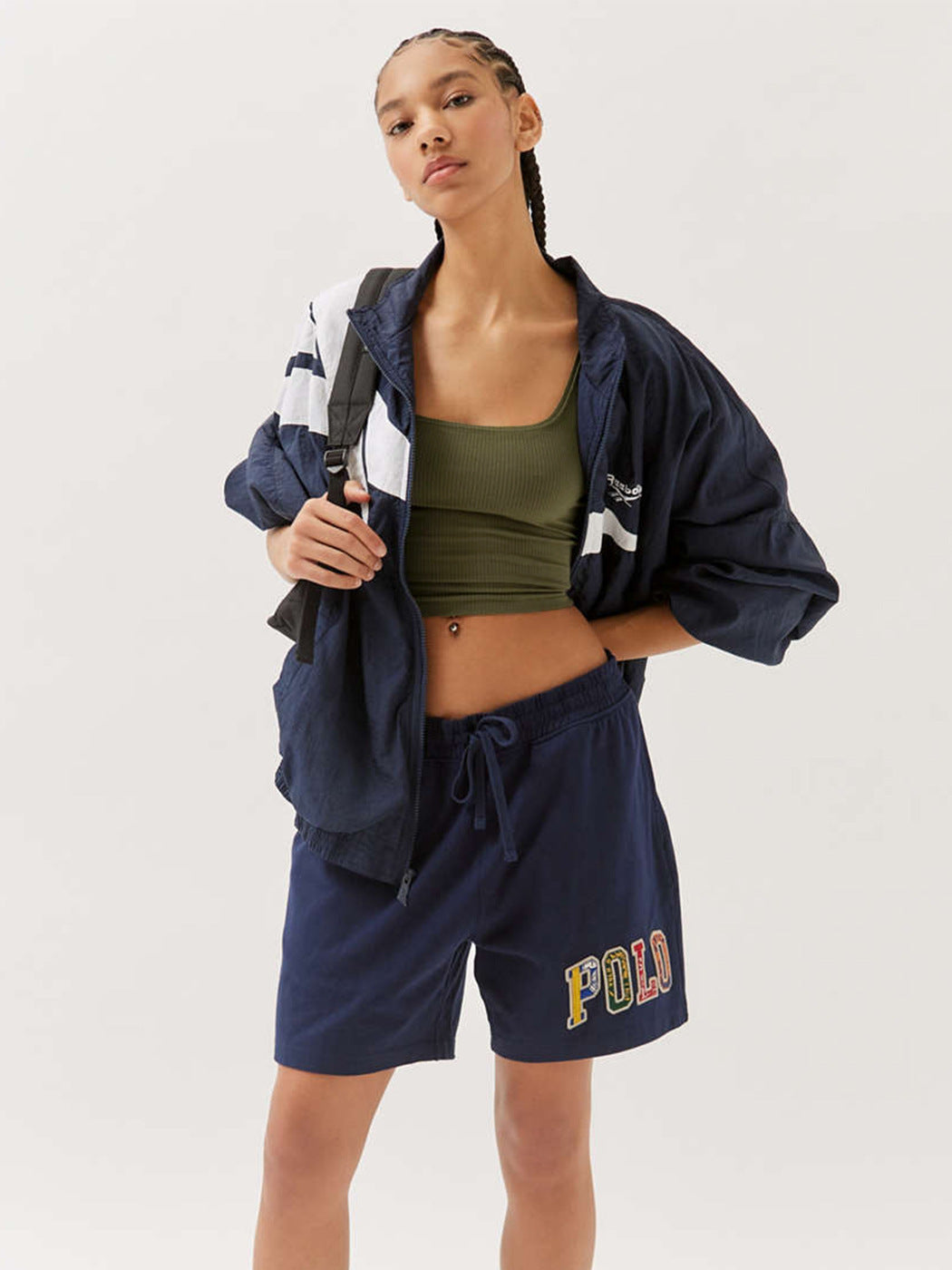 Crop Vest Top with Square Neck and Ribbed Stretch - army green layered outfit view