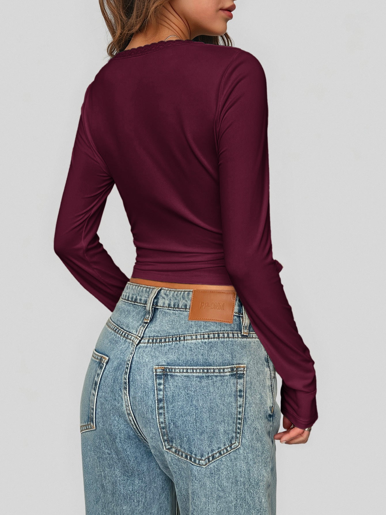Long-Sleeve Top with Lace-Trim Scoop Neck and Tie Front - wine red back view