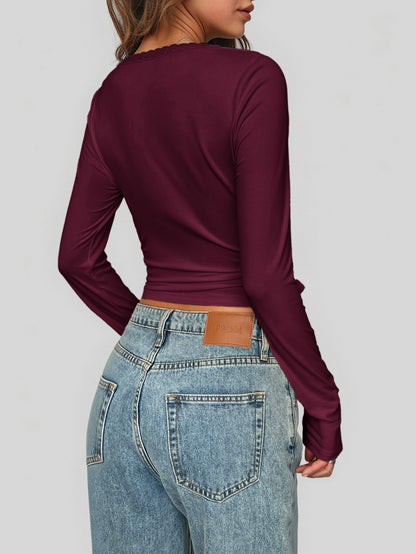 Long-Sleeve Top with Lace-Trim Scoop Neck and Tie Front - wine red back view