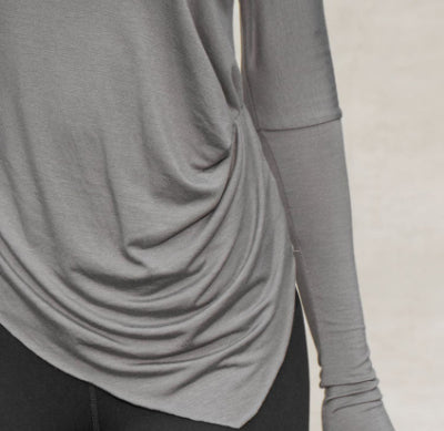 Long Sleeve Top in Grey with Asymmetric Ruched Hem - grey ruching close-up