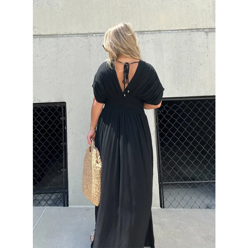 Maxi Dress with Batwing Sleeves, V-Neck and Side Slit - black back view