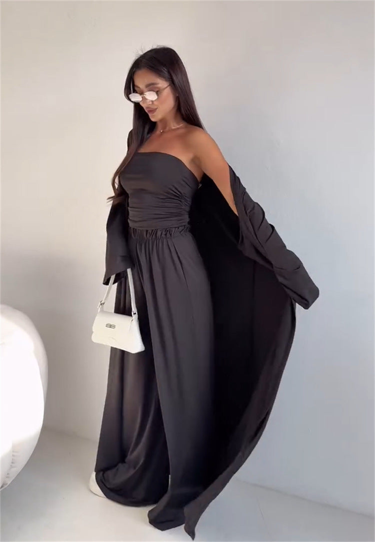 Three-Piece Wide-Leg Trouser Co-Ord Set in Dark Brown, Black & White - black side view with open cardigan