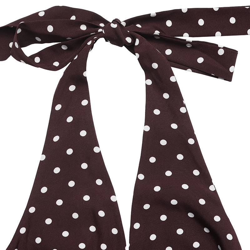 Maxi Dress with Polka Dot Halterneck Tie-Back - Coffee Brown halterneck tie detail