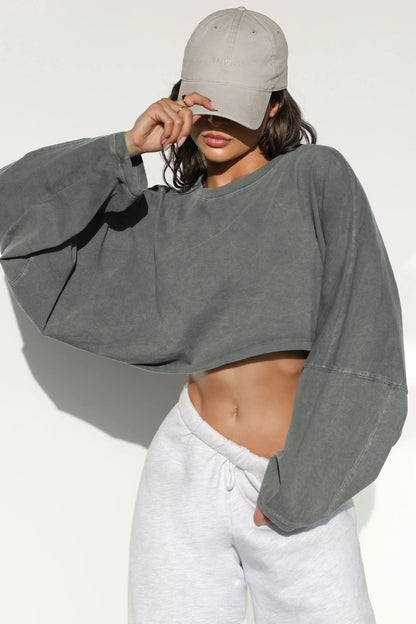 Crop Sweatshirt with Balloon Sleeves in Washed Neutrals - dark grey off-shoulder front view