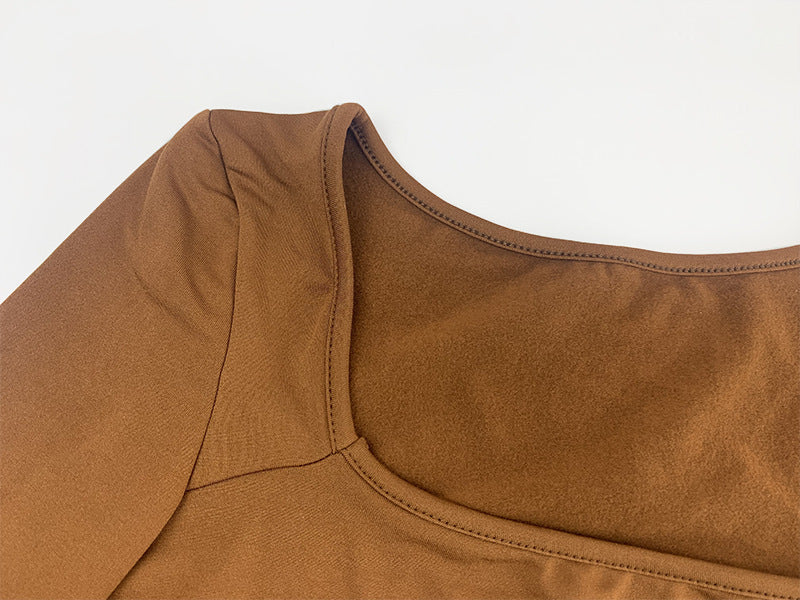 Bodysuit with Square Neck, Long Sleeves and Double Lining - brown square neckline close-up
