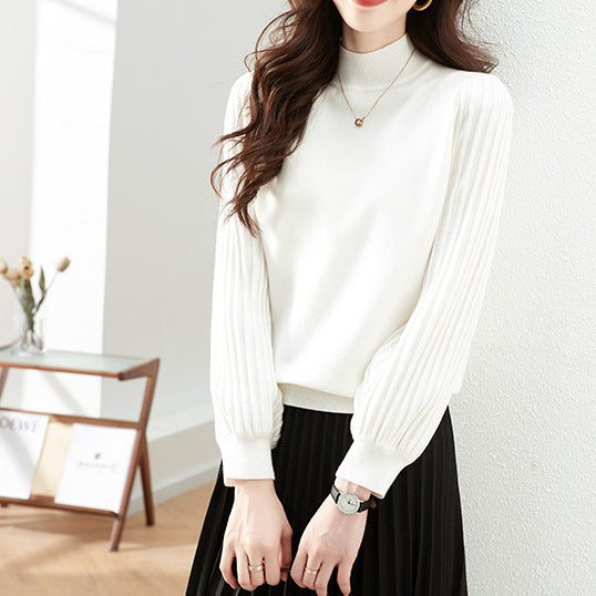 Knit Top with Pleated Sleeves and Mock Neck - White full front view