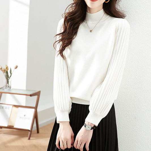 Knit Top with Pleated Sleeves and Mock Neck - White full front view