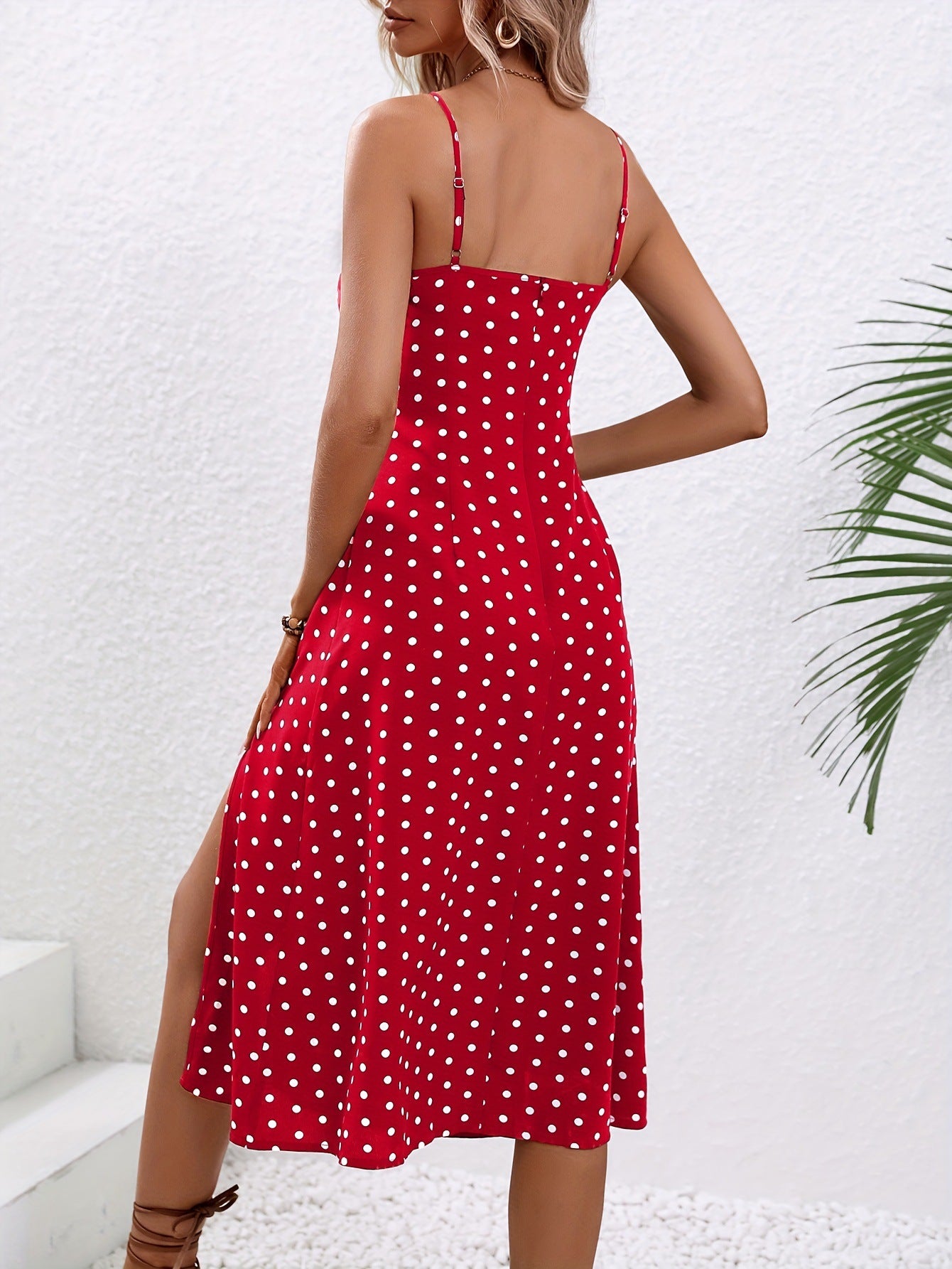 Midi Dress in Dot Print with Side Split - red back view