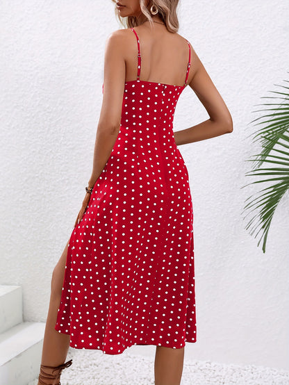 Midi Dress in Dot Print with Side Split - red back view