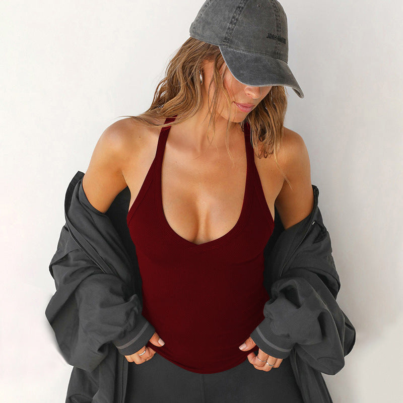 Vest Top in Ribbed V-Neck with Racerback - wine red back view
