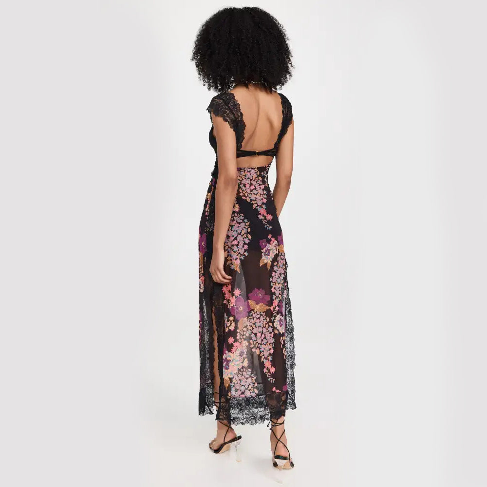 Maxi Dress with Lace Bodice and Floral Print - black back view
