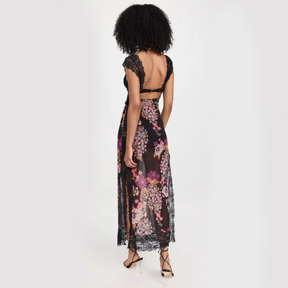 Maxi Dress with Lace Bodice and Floral Print - black back view