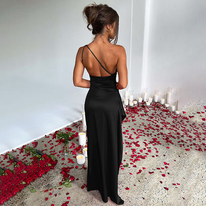 Maxi Dress in Satin with One-Shoulder Open Back and Split - black back view