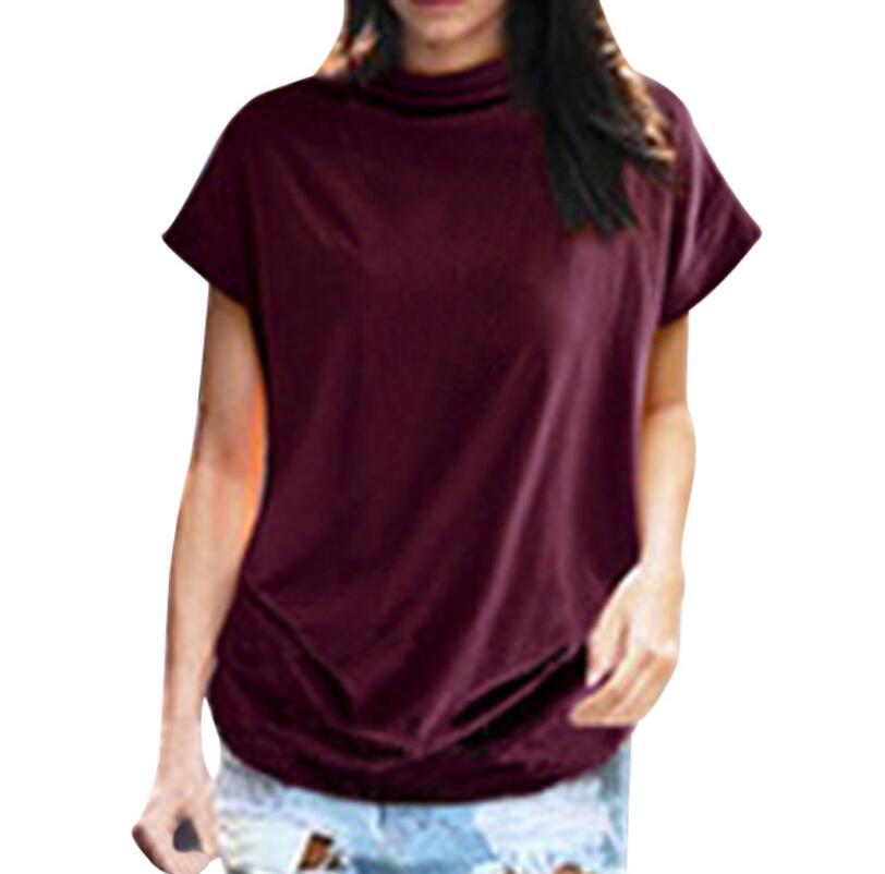 Tunic Top in Funnel-Neck Cotton with Drape Hem - Claret red close-up on model