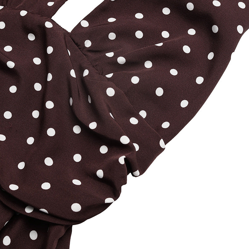 Maxi Dress with Polka Dot Halterneck Tie-Back - Coffee Brown waist detail