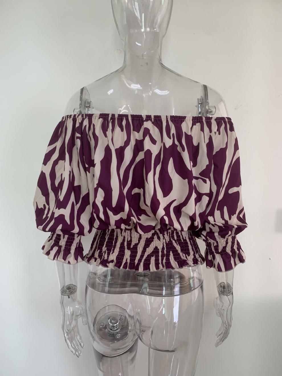 Blouse in Abstract Animal Print with Bardot Neckline - purple mannequin front