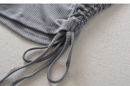 Playsuit with Hooded Cowl Neck and Ruched Sides - grey side drawstring detail