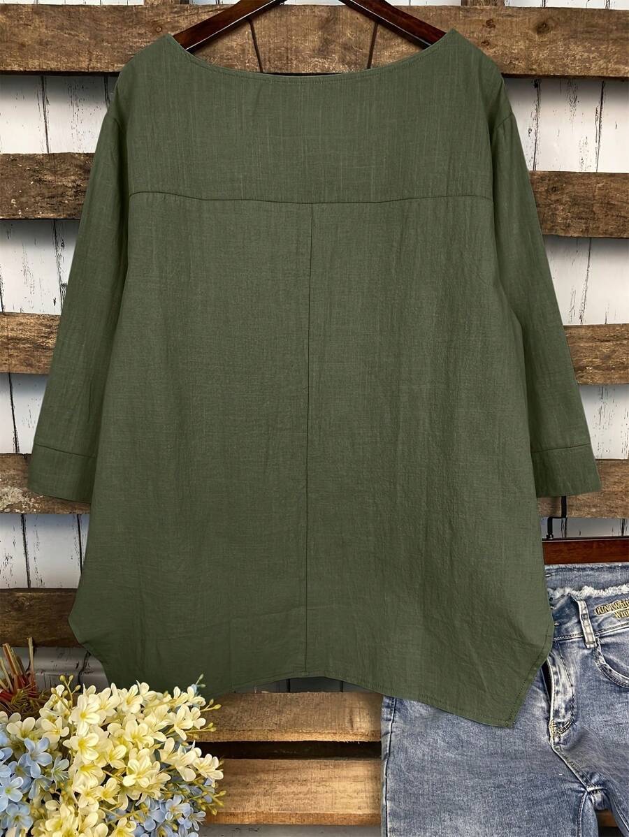 Blouse Tunic with Dipped Hem and Front Pocket - khaki green back view