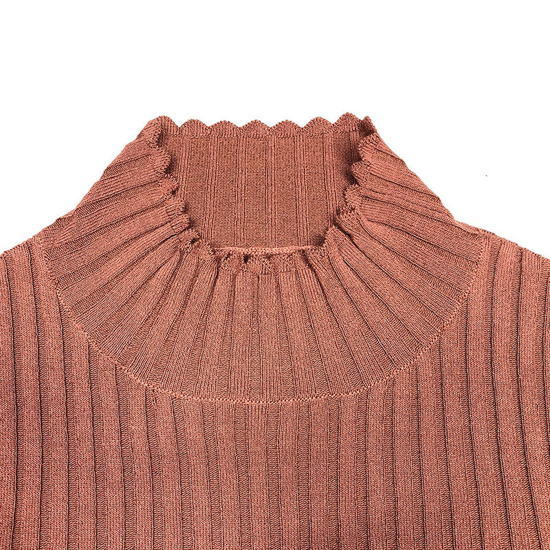 Top in Coffee with Ribbed High Neck and Scalloped Trim - coffee neckline detail