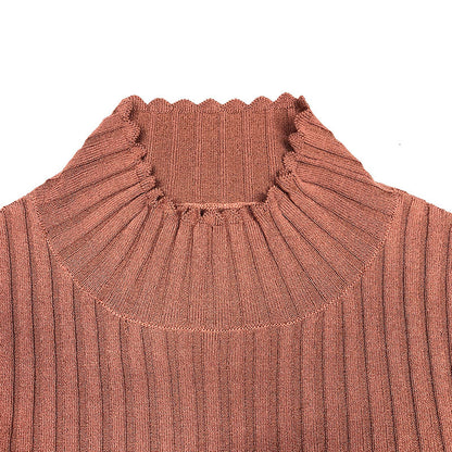 Top in Coffee with Ribbed High Neck and Scalloped Trim - coffee neckline detail