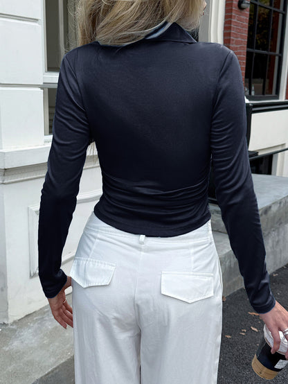 Polo Top with Long Sleeves and Waist Ruching - dark blue back view
