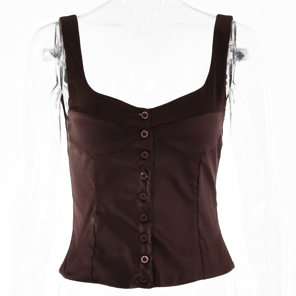 Vest Top in Satin with Square Neck and Button Front - brown flat lay front