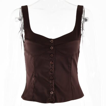 Vest Top in Satin with Square Neck and Button Front - brown flat lay front