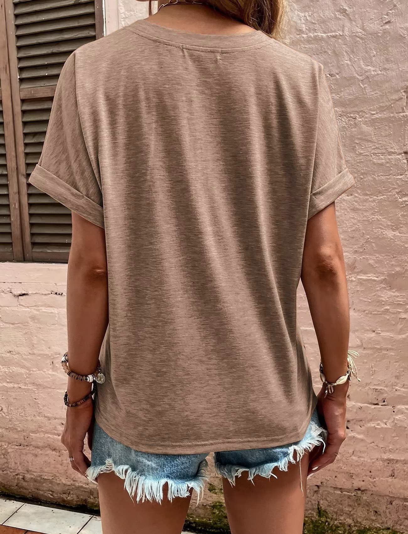 V-Neck Button Detail T-Shirt - khaki back view