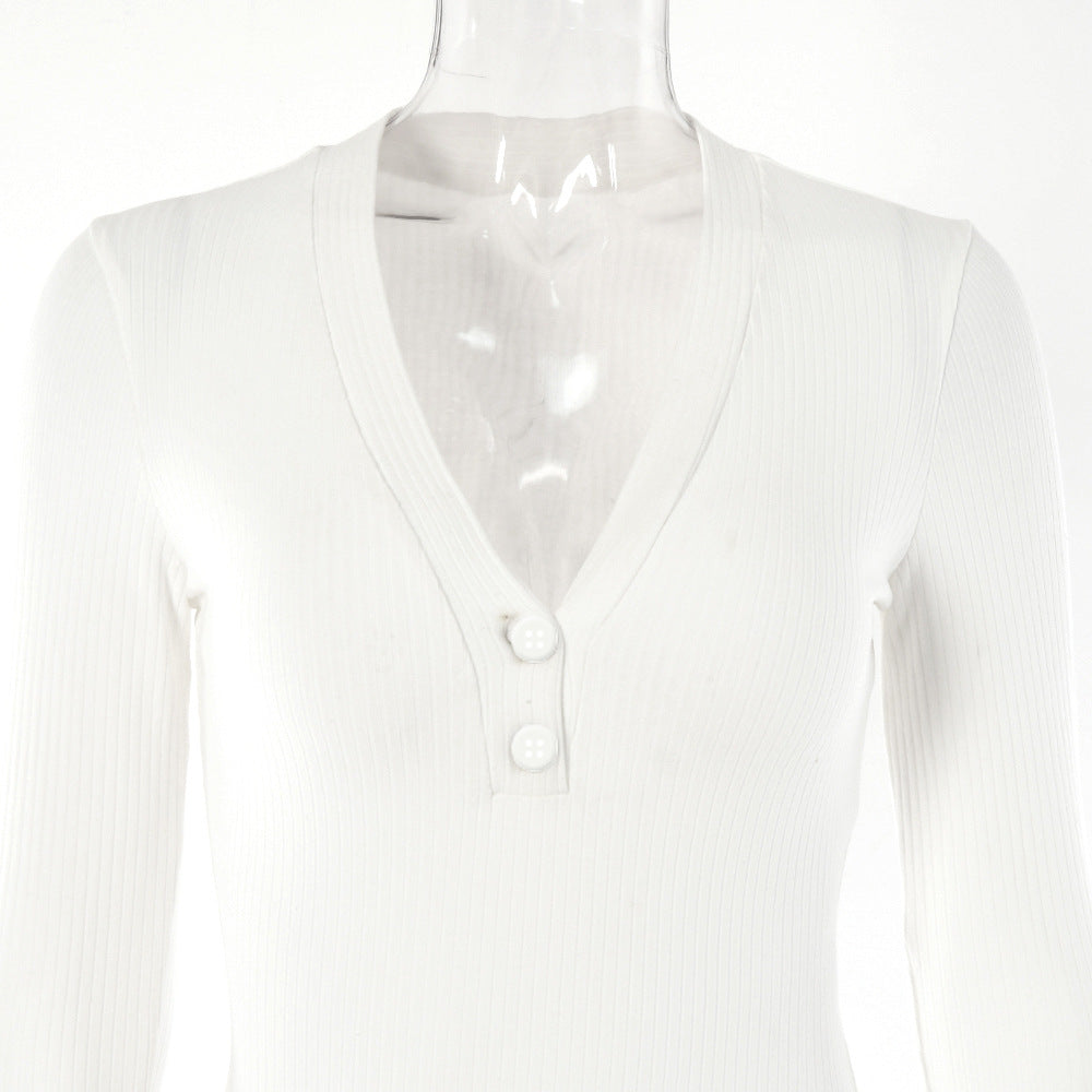 Bodysuit in Ribbed Cotton with Deep V Neck - white neckline close-up