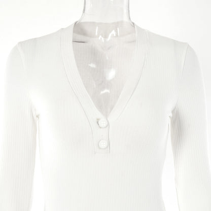 Bodysuit in Ribbed Cotton with Deep V Neck - white neckline close-up