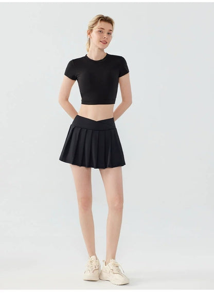 Sports Crop Top with Built-In Cups and Open Back - black full-length front view