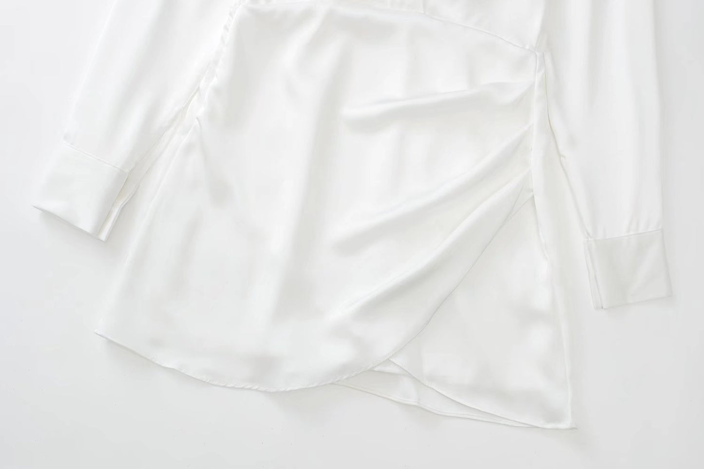 Mini Shirt Dress with Satin-Feel Drape Waist - white draped hem detail