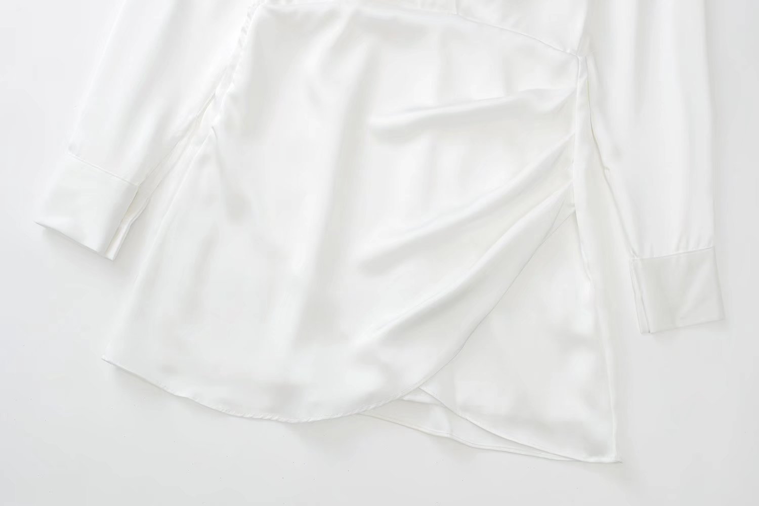 Mini Shirt Dress with Satin-Feel Drape Waist - white draped hem detail