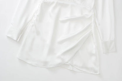 Mini Shirt Dress with Satin-Feel Drape Waist - white draped hem detail