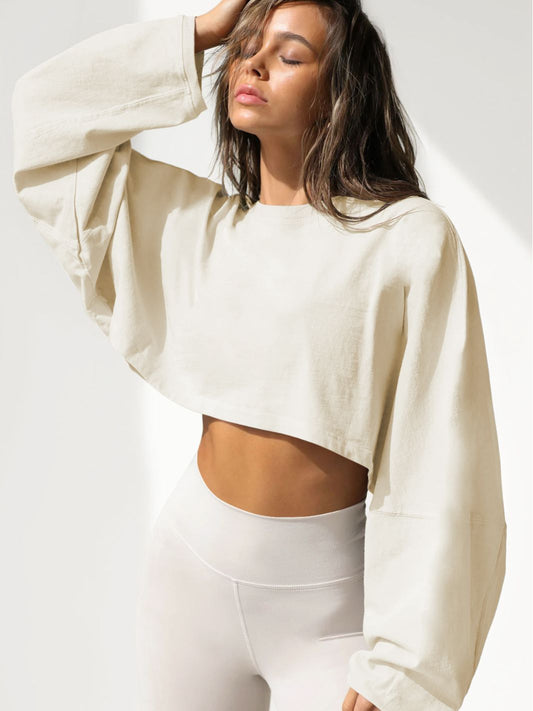 Crop Sweatshirt with Balloon Sleeves in Washed Neutrals - warm cream front hero