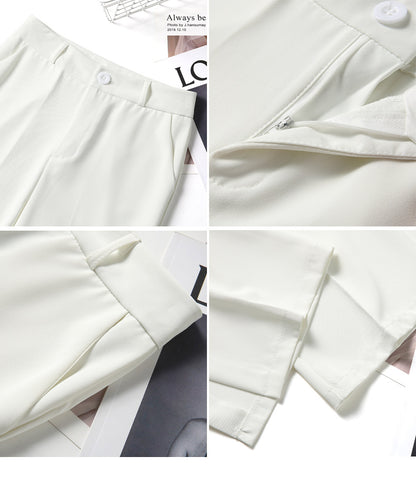 High-Waist Front-Slit Wide-Leg Trousers - white waistband and slit detail